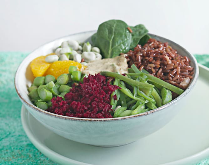 BOL DE ARROZ ROJO, VERDURAS Y NARANJA CON VINAGRETA